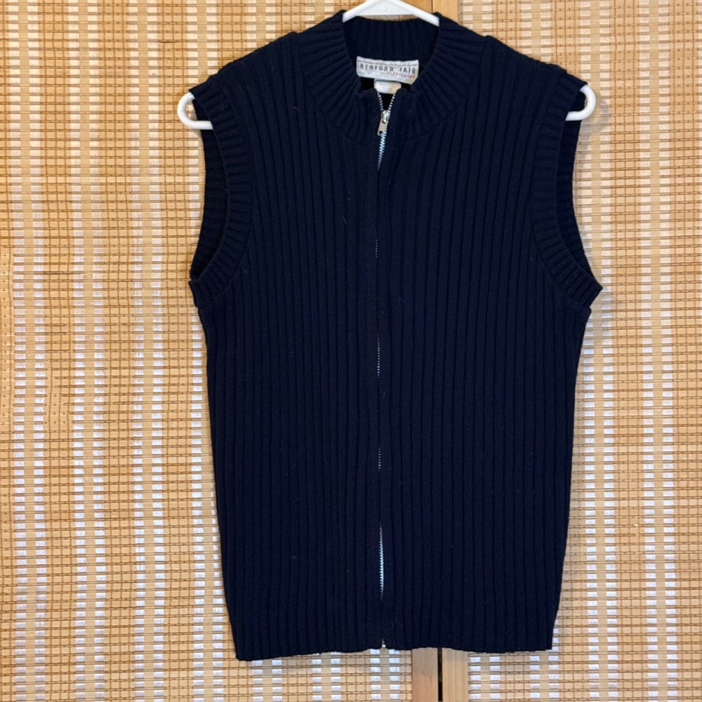 Bedford Fair Navy Blue Full Zip Ribbed Mock Neck Sweater Vest Womens Small USA